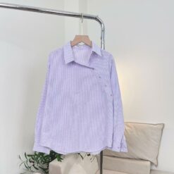 Áo Sơ Mi Nữ Thiết Kế Vạt Vai Lệch Form Hàn Chất Cotton Đũi Mịn Mát, Sơ Mi Nữ Kẻ Sọc Nhí Thiết Kế Form Cổ Xéo Thanh Lịch Top Shirt