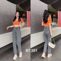 QuÀn Baggy 2 NÚt, LƯng Cao, ChẤt Jeans Cotton DÀy MỀm Ms 381 Pants Nữ Denim