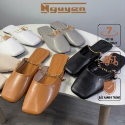 (form Ngắn Tăng Size) Giày Nữ Sục Bệt Mũi Vuông Gót Vuông Trang Trí Xích Vàng Thời Trang Nguyễn Gia N139 Shoes Dép