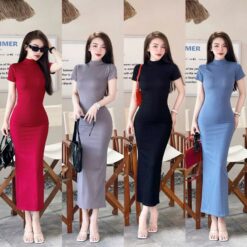 Đầm Body Tay Ngắn Anzi Cổ Lọ Thấp Tôn Dáng Vải Thun Gân Qc Cao Cấp Co Giãn 4 Chiều Mặc Mát Women Bodycon Dress Brothers Voan