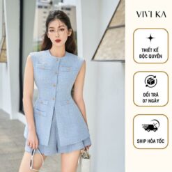 Vivika Bộ Set Tex áo Sát Nách Phối Nút + Quần Váy Xếp Li Dáng A Vkse00468 Nữ Women