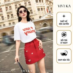 Vivika Áo Thun Cut Out Lưng Phối Chữ Nhũ, Chân Váy Dáng A đính Bướm Phối Dây Vkao00522 Vkcv00337 Nữ Women Cotton Top