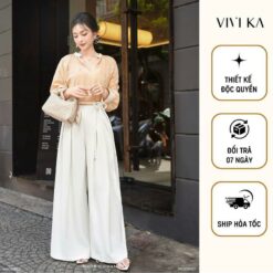 Vivika Áo Boi Thêu Tay Phối Cổ V Thêu Hoa, Quần Dài Suông Cột Nơ Vkao00507 Vkqd00421 Nữ Women