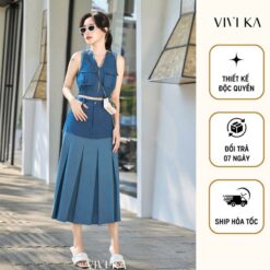 Vivika Set áo Denim Croptop Túi Hộp Zipper + Chân Váy Dài Xếp Li Vkse00439 Nữ Women