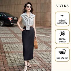 Vivika Áo Sơ Mi Tay Cọc Khăn Choàng Giả, Chân Váy Bút Chì Midi Xẻ Sau Vkao00516 Vkcv00334 Nữ Women