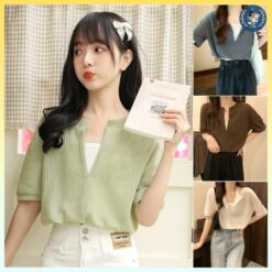 [a035] Set 2 Áo LiỀn Nhau Len Thun Hàng Dệt Kim Montoghi Quảng Châu Cổ V Dáng Bí Croptop Nữ Ngắn Nhúm Eo Siêu Xinh L2m (top Áo Len Thun Nữ Nhung Women ) 【 Hoa Hồng 】