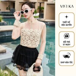 Vivika Áo Ren Crochet Phối Lưới Tay Dài, Chân Váy Ren Lưới Xếp Tầng Vkao00526 Vkcv00332 Nữ Women