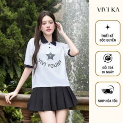 Vivika Áo Thun Polo Họa Tiết, Chân Váy Xếp Li Dây Nịt Vkao00502 Vkcv00331 Nữ Women