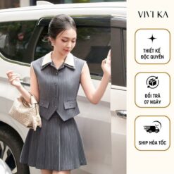 Vivika Set áo Gilet Cổ Phối + Chân Váy Xếp Li Dáng A Vkse00444 Nữ Women