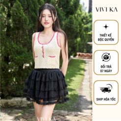 Vivika Áo Len Knit Kem Viền Hồng Cộc Tay Vkao00517 Nữ Top Women