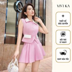 Vivika Bộ Set áo Gilet Phối Cổ + Quần Váy Xếp Li Dáng A Vkse00470 Nữ Women