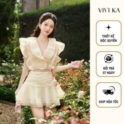 Vivika Áo Cánh Tiên Cổ V Dáng Lửng, Chân Váy Xoè Gấp Nếp Vkao00523 Vkcv00336 Nữ Women