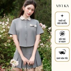 Vivika Set áo Sơ Mi Lửng Kết Nơ Thêu + Chân Váy Xếp Ly Dáng A Vkse00471 Nữ Women