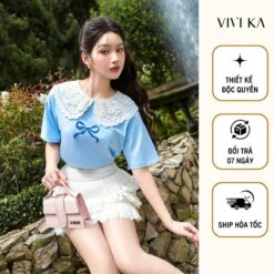 Vivika Áo Thun Cotton Tơ Cổ Bèo Ren Họa Tiết Nơ Vkao00512 Nữ Top