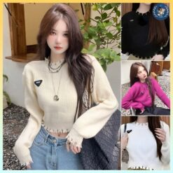 [a239] Áo Len Thun Montoghi Hàng Dệt Kim Croptop Nữ Logo Tam GiÁc Phối ViỀn RÁch Tay Dài Cá Tính L2m ( Nhung Sen Women ) 【 Hoa Hồng 】