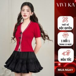 Vivika Áo Dệt Kim Cổ V Tay Lửng Phối Nơ Vkao00518 Nữ Women