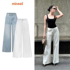 Quần Jean Nữ Suông Ống Loe RỘng Màu Trắng Basic Sang Trọng Nicool N41 Q54 Women Pants