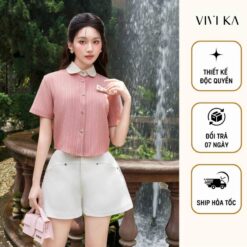 Vivika Áo Sơ Mi Croptop Kết Nơ Thêu, Quần Short A Túi Sau đắp Hộp Vkao00524 Vkqs00414 Nữ Women