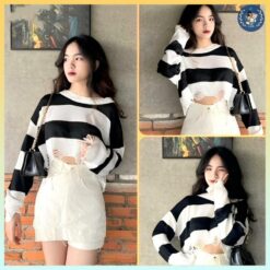 [a137] Áo Len Thun Montoghi Hàng Dệt Kim Mỏng KiỂu RÁch Croptop Nữ Ngắn Kẻ Sọc Phong Cách Cá Tính L2m ( Women Fashion Nhung Sen ) 【 Hoa Hồng 】