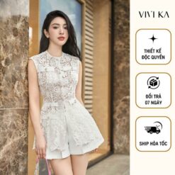 Vivika Áo Ren Crochet đệm Lưới Phối Nút, Quần Váy Taffta Dáng A Xếp Li Vkao00529 Vkqs00415 Nữ Women