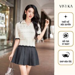 Vivika Áo Thun Knit Sọc Gân Cổ V, Chân Váy Xếp Li Bản To Dáng A Vkao00528 Vkcv00335 Nữ Women