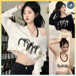 [a194] Set (2 MÓn) áo Len Thun Montoghi CỔ V Tua Rua Tay Dài Kèm áo YẾm Cardigan Hàng Dệt Kim Xinh Xắn L2m (top Nữ Nhung Women ) 【 Hoa Hồng 】