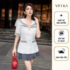 Vivika Áo Cổ Thủy Thủ 4 Túi Phối Viền, Chân Váy Xếp Li Dáng A Vkao00519 Vkcv00335 Nữ Women