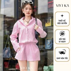 Vivi Ka Jumpsuit Cổ Sơ Mi Tay Dài đính Hạt Vkju00003