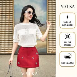 Vivika Áo Thun Len Knit Nơ Tay, Chân Váy Dáng A đính Nơ Kim Loại Và Dây Xích Vkao00521 Vkcv00337 Nữ Women