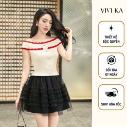 Vivika Áo Dệt Kim Trễ Vai Phối Nút, Chân Váy Lưới Xòe Bồng Vkao00527 Vkcv00327 Nữ Wokmen